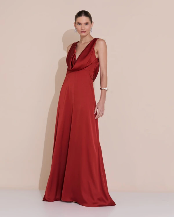 Vestido de Festa Longo Cetim Fluido Degagê Terracota
