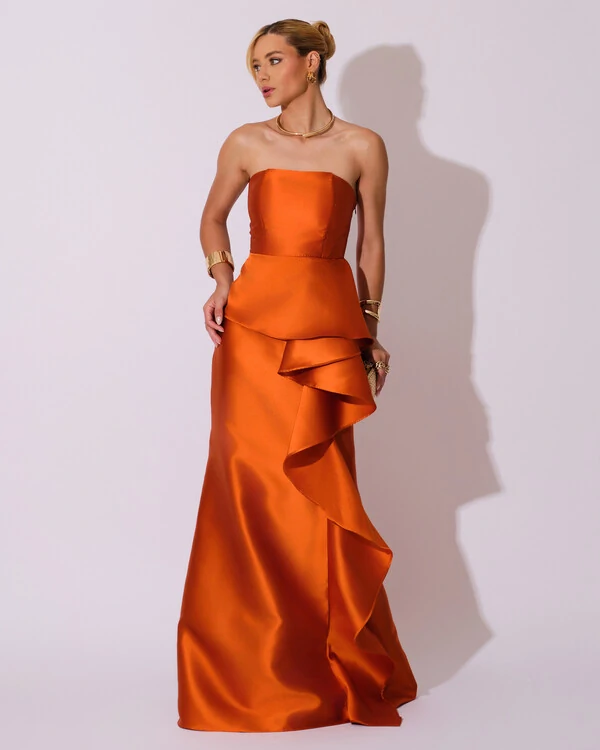 Vestido de Festa Longo Tomara que Caia Babado Cascata Terracota