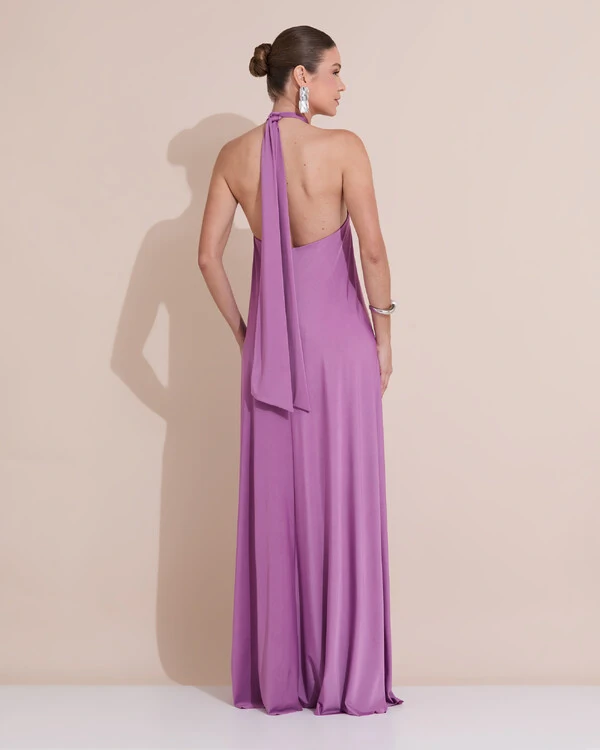 Vestido Longo com Amarração em Malha Lilás