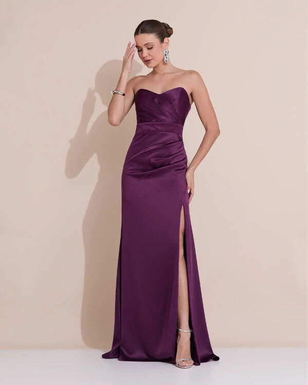 Vestido de Festa Longo Cetim Alfaiataria Tomara que Caia Fenda Roxo