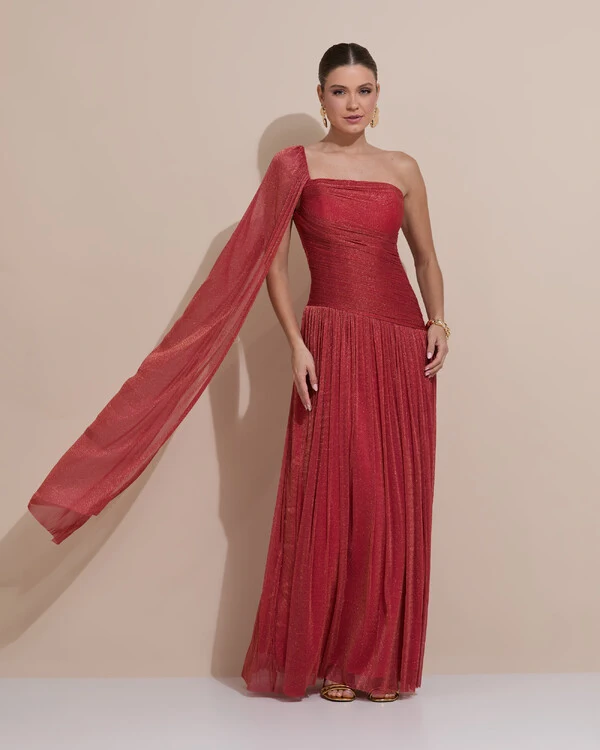 Vestido de Festa Longo Um ombro Só Tule Brilho Drapeado Capa Terracota