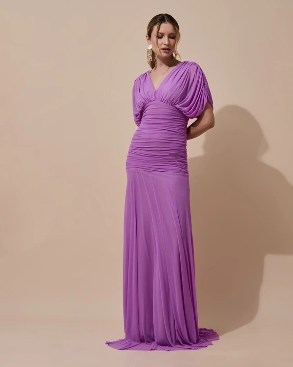 Vestido de Festa Longo Tule Manga Curta Drapeado Fúcsia