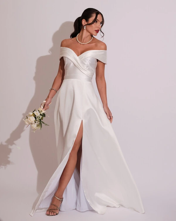 Vestido de Festa Longo Zibeline Ombro a Ombro com Fenda Branco