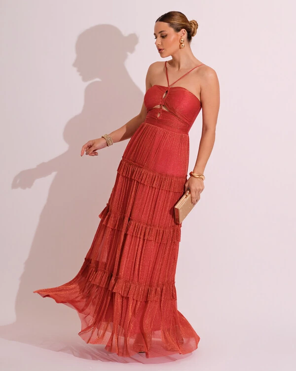 Vestido de Festa Longo Tule com Saia Babado Terracota
