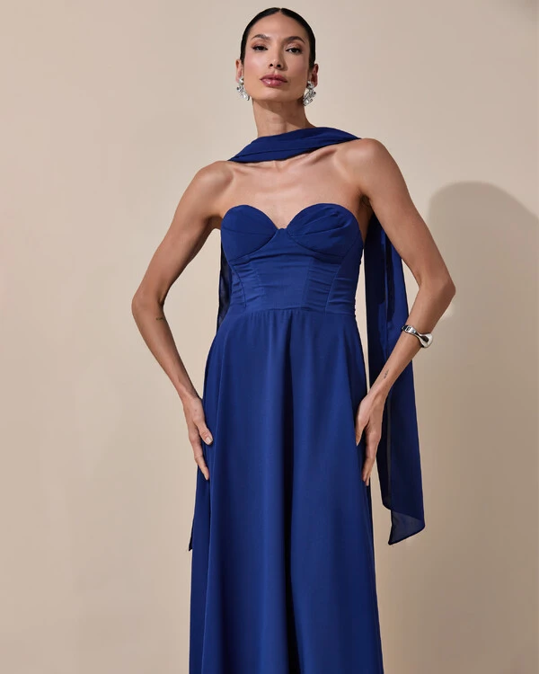 Vestido de Festa Longo Tomara que Caia Crepe Chiffon Decote Coração Lenço Azul Marinho