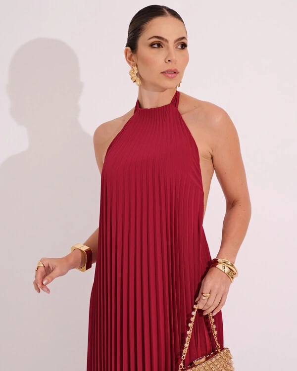 Vestidos de Festa Longo Chiffon Fluido Frente Única Plissado Duplo Cereja