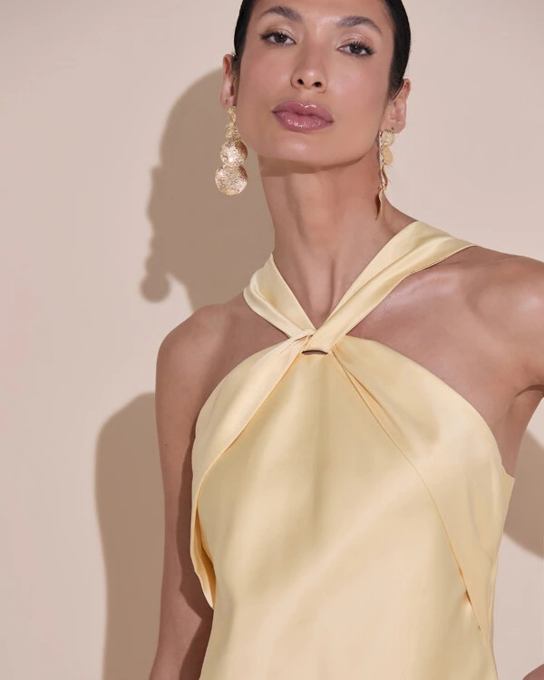 Vestido de Festa Midi Frente Única Cetim Amarelo Manteiga