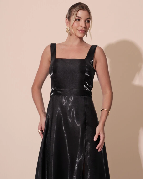Vestido de Festa Longo Zibeline Cristal com Fenda e Faixa Preto