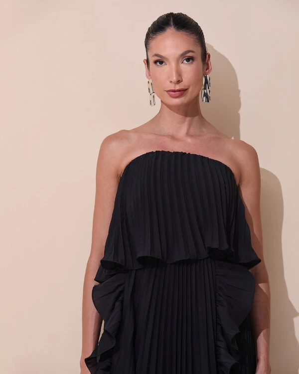 Vestido de Festa Longo Crepe Chiffon Tomara que Caia Plissado com Babado Cascata Preto