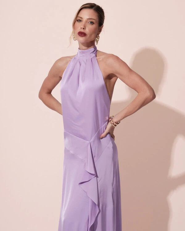 Vestido Longo de Festa Cetim Fluido Gola Alta e Babado Cascata Lilás