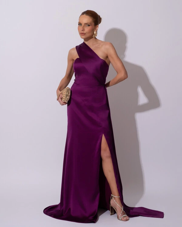 Vestido de Festa Longo Cetim Alfaiataria Tomara que Caia com Faixa Lenço Roxo