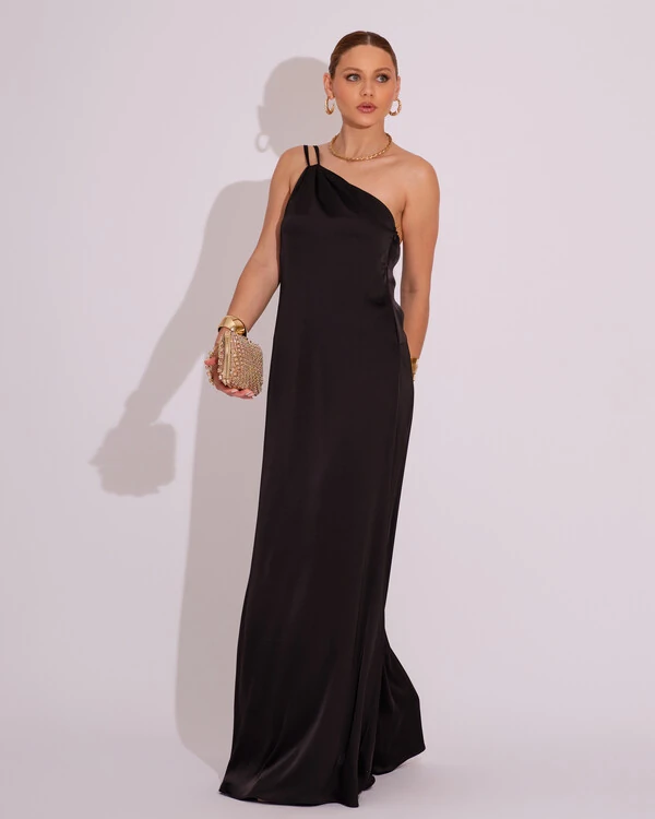 Vestido de Festa Longo em Cetim Fluido um Ombro Só Preto