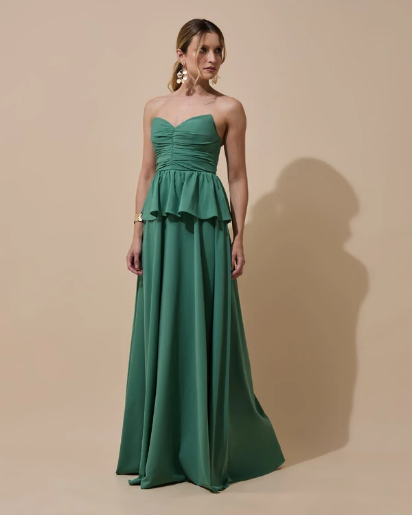 Vestido de Festa Longo Crepe Chiffon Tomara que Caia Peplum Drapeado Verde Matcha Escuro