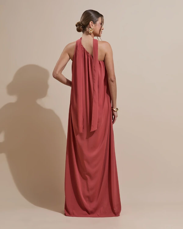 Vestido de Festa Longo Crepe Fluido um Ombro Só com Lenço Terracota