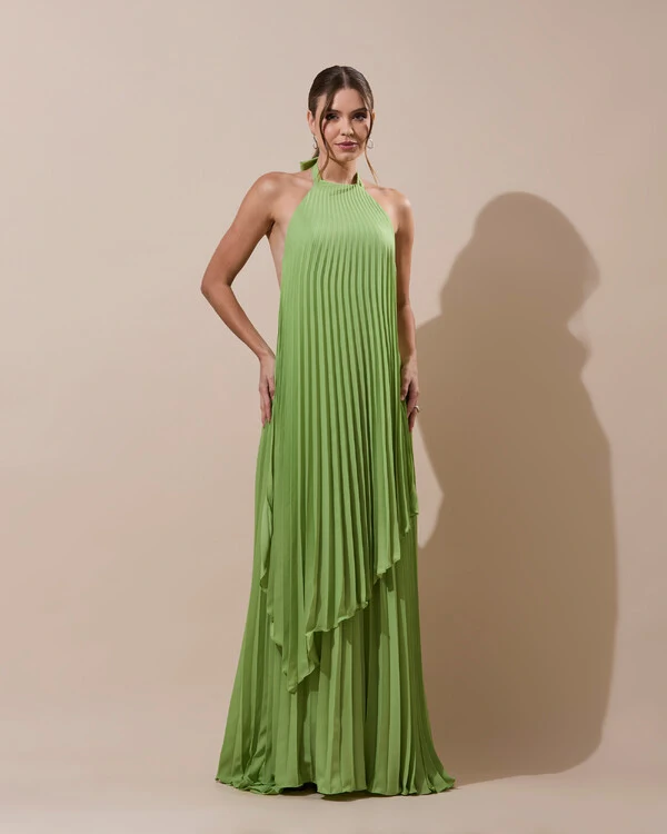 Vestidos de Festa Longo Chiffon Fluido Frente Única Plissado Duplo Verde Garden