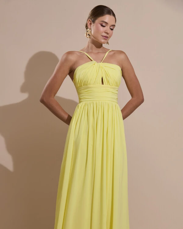 Vestido de Festa Longo Crepe Chiffon Drapeado com Alças Finas Amarelo Manteiga