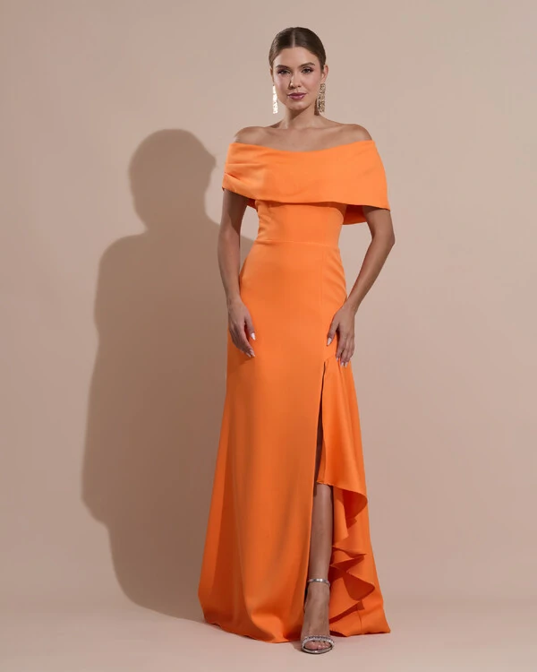 Vestido de Festa Longo Alfaiataria Ombro a Ombro com Babado Cascata Laranja
