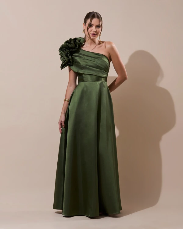 Vestido de Festa Longo Zibeline um Ombro Só Flor Drapeado Verde Oliva New