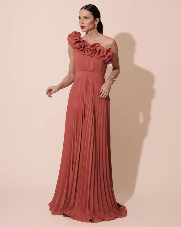 Vestido de Festa um Ombro Só Flor Saia Plissado Terracota