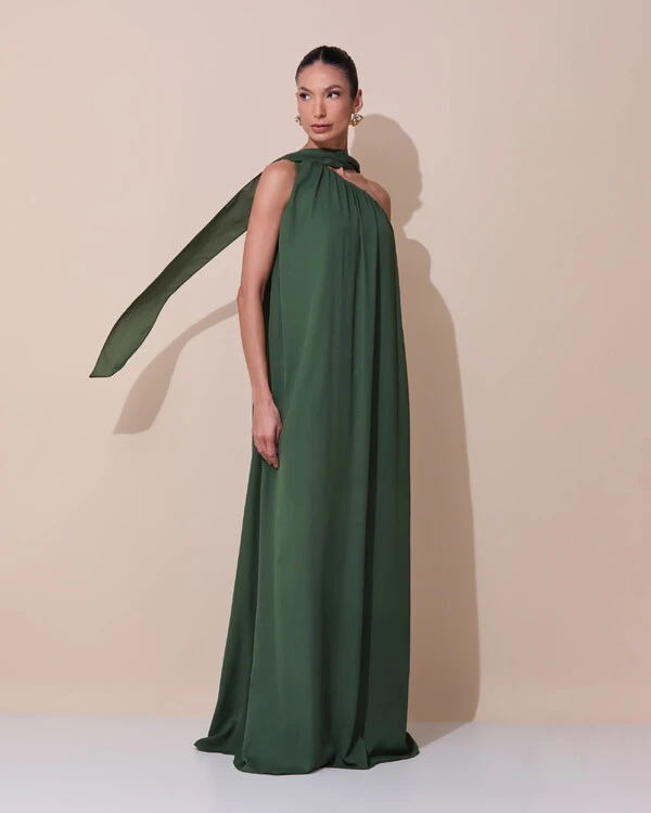 Vestido de Festa Longo Crepe Fluido um Ombro Só com Lenço Verde Escuro New