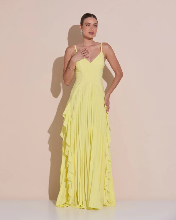 Vestido de Festa Longo Crepe Chiffon Alça Fina Saia Plissada com Babado Cascata Amarelo Manteiga