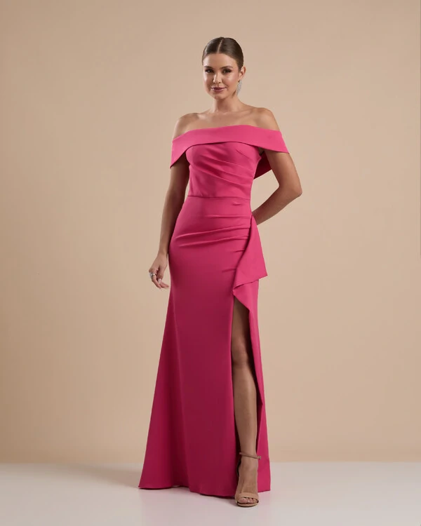 Vestido de Festa Longo Ombro a Ombro com Fenda em Alfaiataria Pink