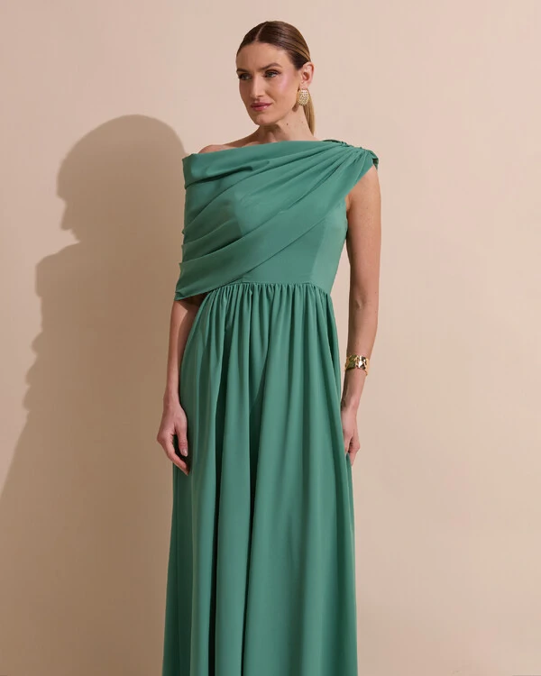 Vestido de Festa Longo Um Ombro Só Crepe Chiffon Capa Drapeado Verde Matcha Escuro