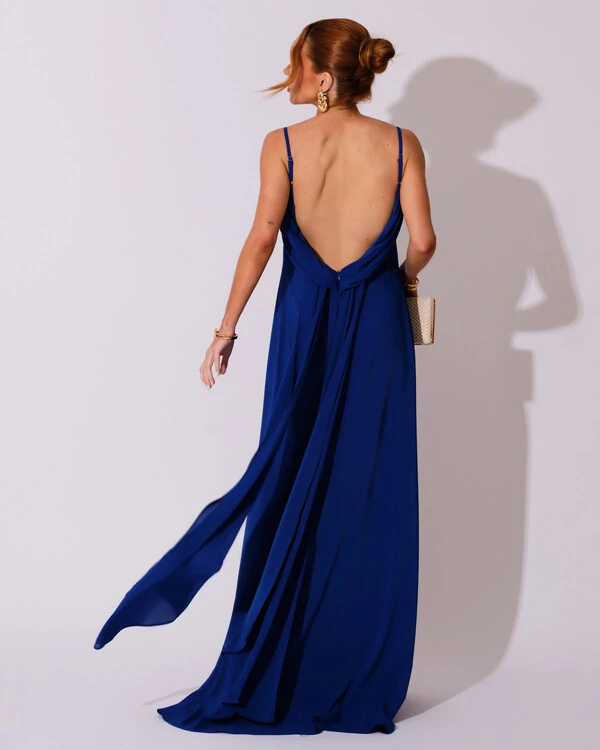 Vestido de Festa Longo Crepe Chiffon Costas Lenço Cauda Azul Royal