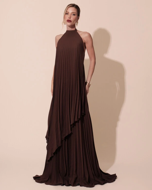 Vestidos de Festa Longo Chiffon Fluido Frente Única Plissado Duplo Marrom