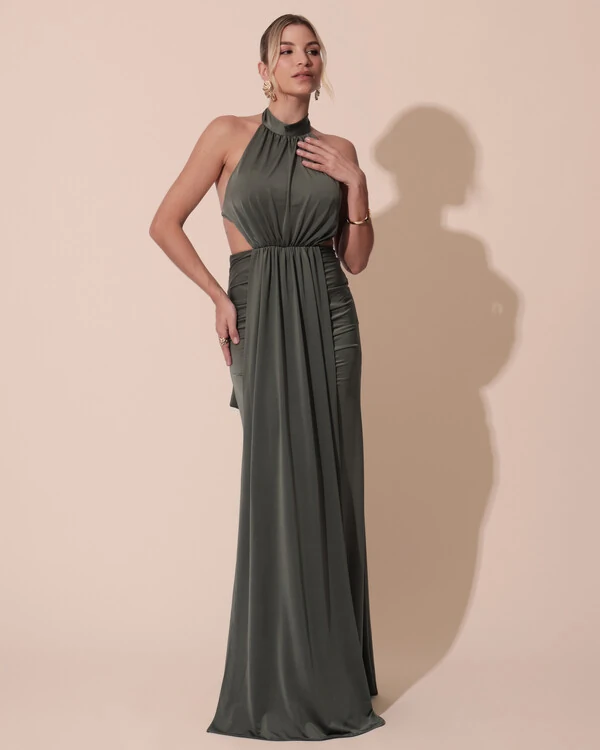 Vestido de Festa Longo Malha Jersey Gola Alta Saia Sereia Verde Oliva