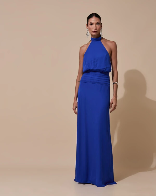 Vestido de Festa Longo Frente Única Busto Blousê Crepe Chiffon Drapeado Azul Royal