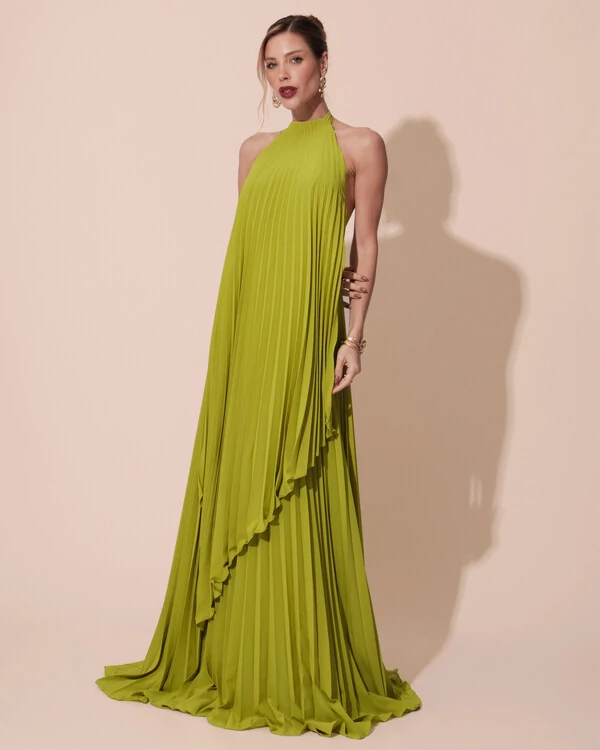 Vestidos de Festa Longo Chiffon Fluido Frente Única Plissado Duplo Verde Pistache