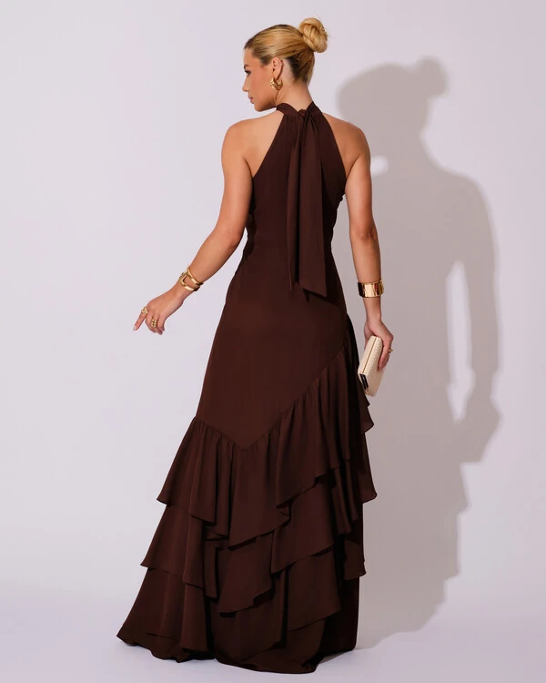 Vestido de Festa Longo Chiffon Crepe Gola Alta Babados Marrom