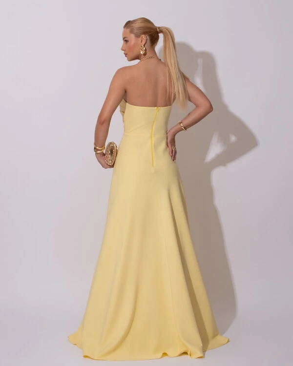 Vestido de Festa Longo Alfaiataria Tomara que Caia com Fenda Detalhe Amarelo Manteiga