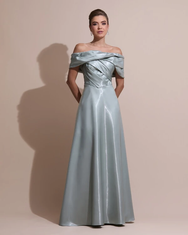Vestido de Festa Longo Cetim Cristal Ombro a Ombro Drapeado Verde Menta
