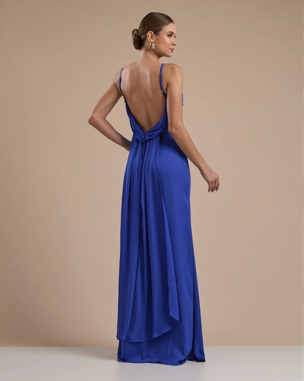 Vestido de Festa Longo Crepe Chiffon Costas Lenço Cauda Azul Royal