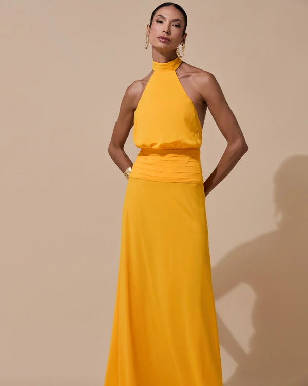 Vestido de Festa Longo Frente Única Busto Blousê Crepe Chiffon Drapeado Laranja Manga New