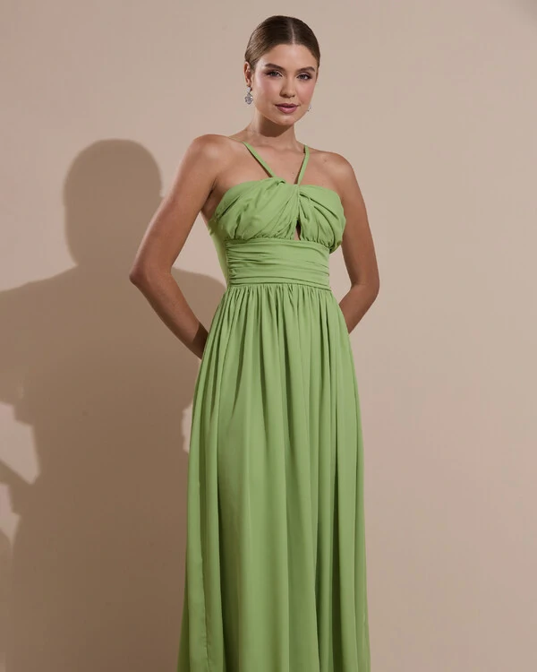 Vestido de Festa Longo Crepe Chiffon Drapeado com Alças Finas Verde Garden