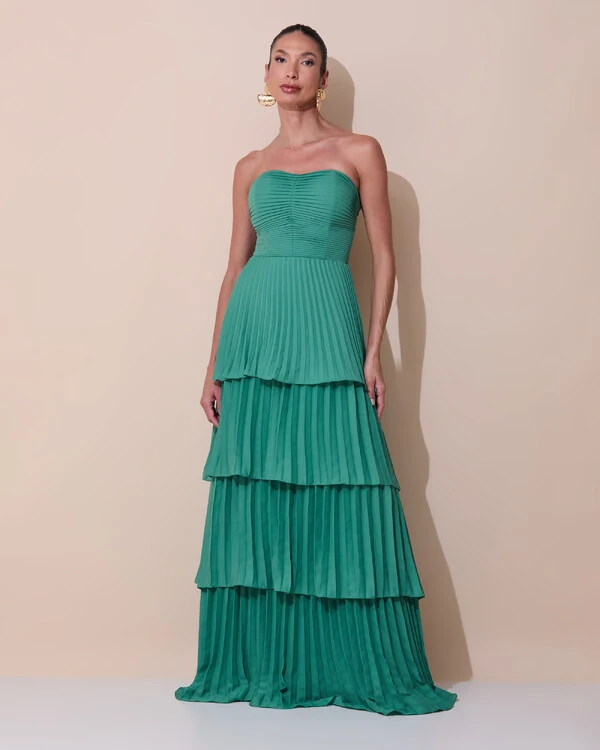 Vestido de Festa Longo Tomara que Caia Crepe Chiffon Plissado Camadas Verde Matcha Escuro