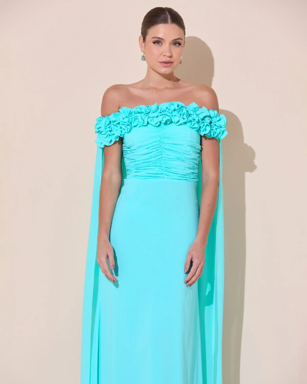 Vestido de Festa Longo Ombro a Ombro Plissado Crepe Chiffon Capa Flor 3D Tiffany