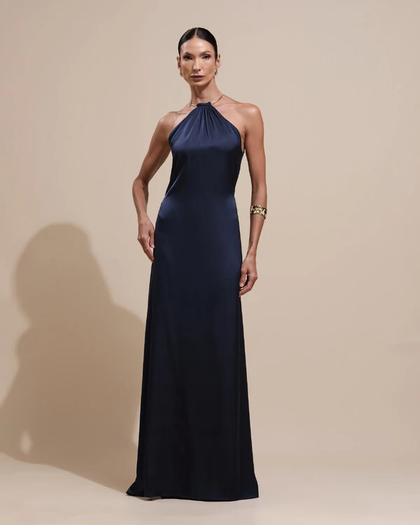 Vestido de Festa Longo Cetim Fluido com Argola Frente Única Azul Marinho