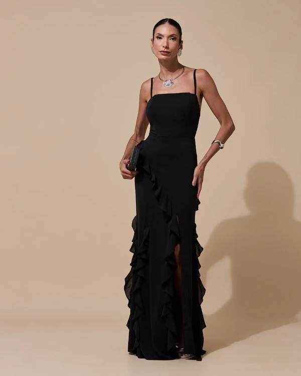 Vestido de Festa Longo Alças Finas Crepe Chiffon Babado Cascata Fenda Costas V Preto