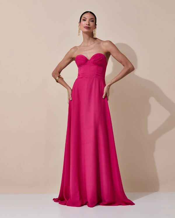 Vestido de Festa Longo Tomara que Caia Crepe Chiffon Decote Coração Lenço Pink Escuro