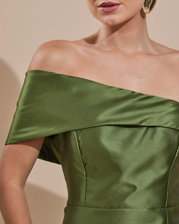 Vestido de Festa Zibeline com Faixa Ombro a Ombro Verde Oliva