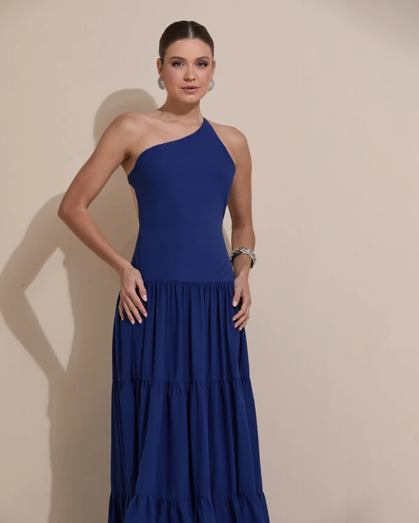 Vestido de Festa Longo Um ombro Só Crepe Chiffon Saia Fluida Azul Marinho