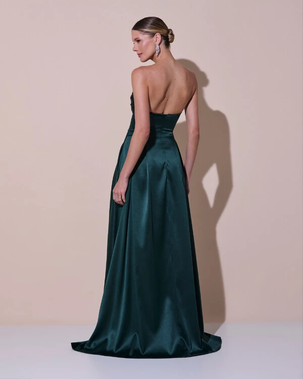 Vestido de Festa Longo Tomara que Caia Cetim Decote Coração Fenda Verde Escuro