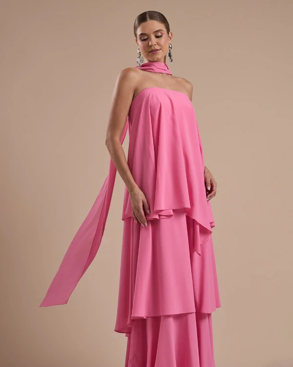Vestido de Festa Longo Chiffon Crepe em Camadas com Lenço Rosa