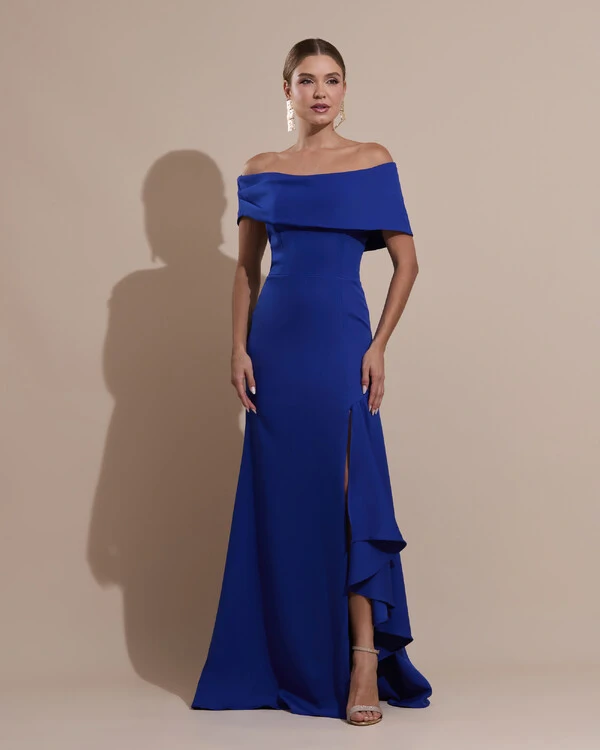 Vestido de Festa Longo Alfaiataria Ombro a Ombro com Babado Cascata Azul Royal