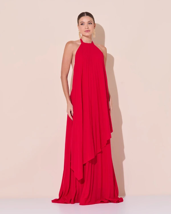 Vestidos de Festa Longo Chiffon Fluido Frente Única Plissado Duplo Vermelho
