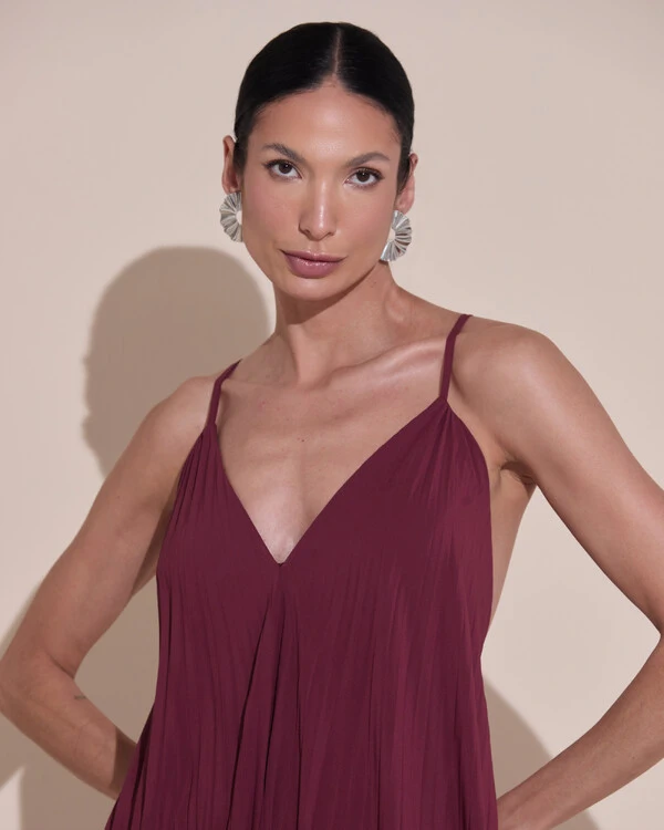 Vestido de Festa Longo Plissado Crepe Chiffon Decote V Alças Finas Marsala